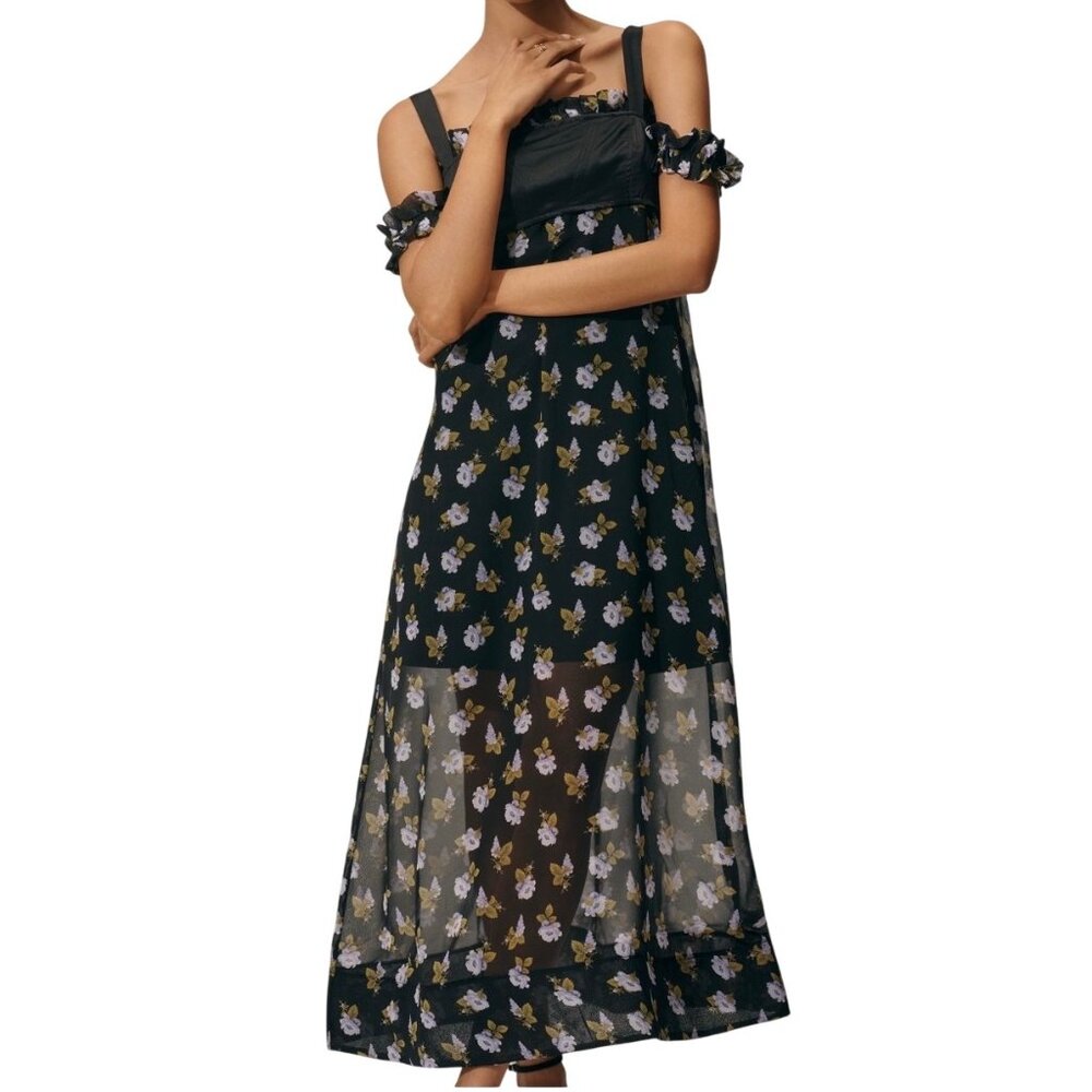 Maeve Anthropologie Square Neck Sheer Floral Midi Dress Size M